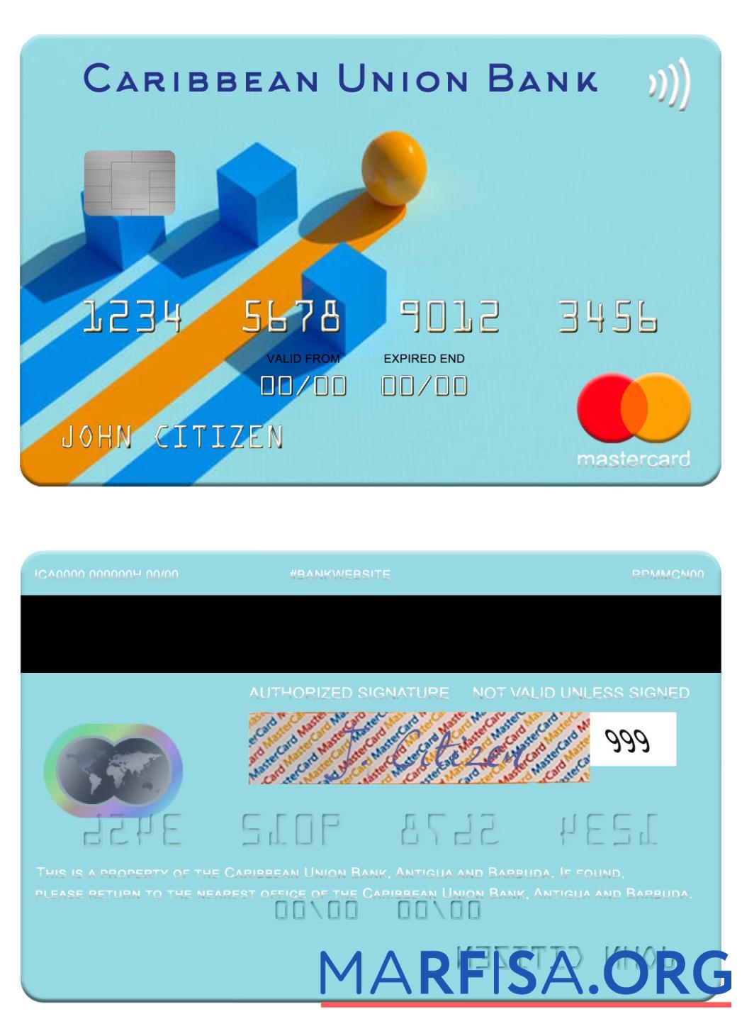 Printable Antigua and Barbuda Caribbean Union Bank mastercard real example